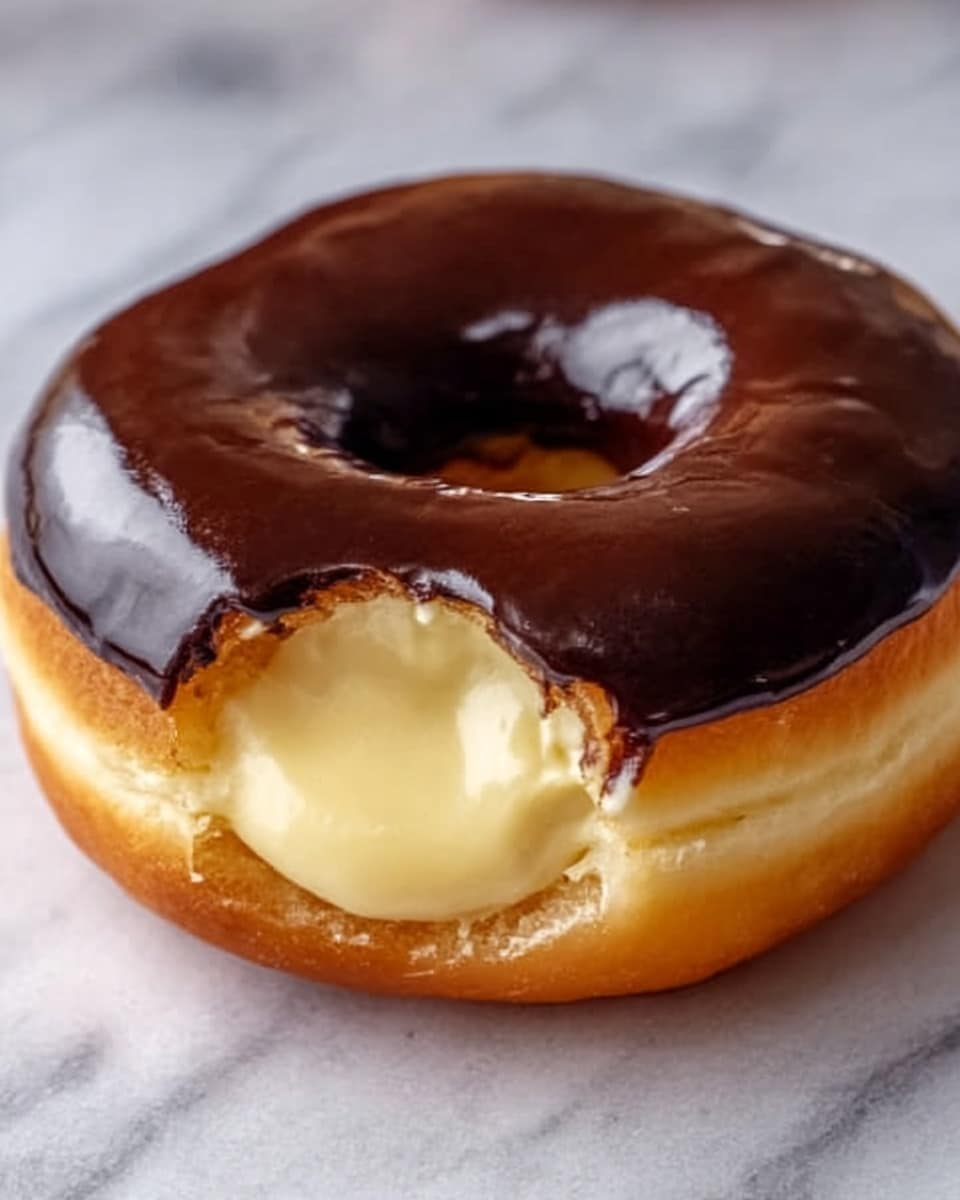 A close-up of a single donut with a shiny dark chocolate glaze covering the top, smooth and reflective, showing a bite taken out of the side to reveal creamy light yellow custard inside. The donut is light golden brown with a soft, smooth texture. It sits on a white marbled surface. Photo taken with an iphone --ar 4:5 --v 7