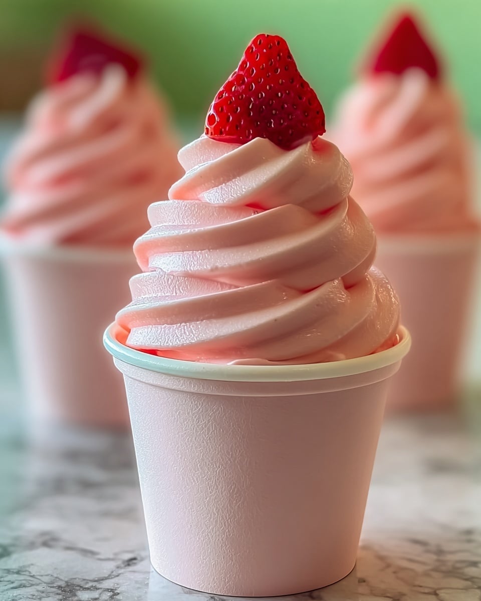 The image shows a pink soft-serve ice cream with smooth, creamy swirls stacked in about five thick layers in a small pink cup. The ice cream has a glossy, soft texture and sits slightly above the rim of the cup, with a fresh red strawberry half placed on top as a garnish. The background has a blurred look with hints of green and pink, and the surface beneath the cup is a white marbled texture. Photo taken with an iphone --ar 4:5 --v 7