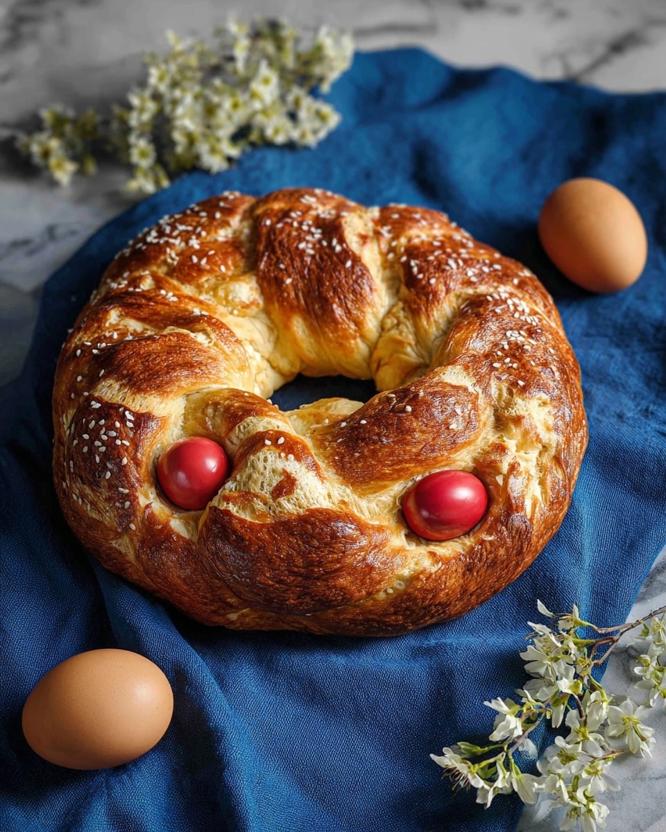 A large round bread with a golden brown crust, shiny and sprinkled with white sesame seeds across the top, showing a baked texture with some creases. The bread is braided and shaped like a wreath with two bright red dyed eggs partially embedded into the dough at the top right and bottom center. The surface beneath is a white marbled texture covered partially by a dark blue cloth. photo taken with an iphone --ar 4:5 --v 7