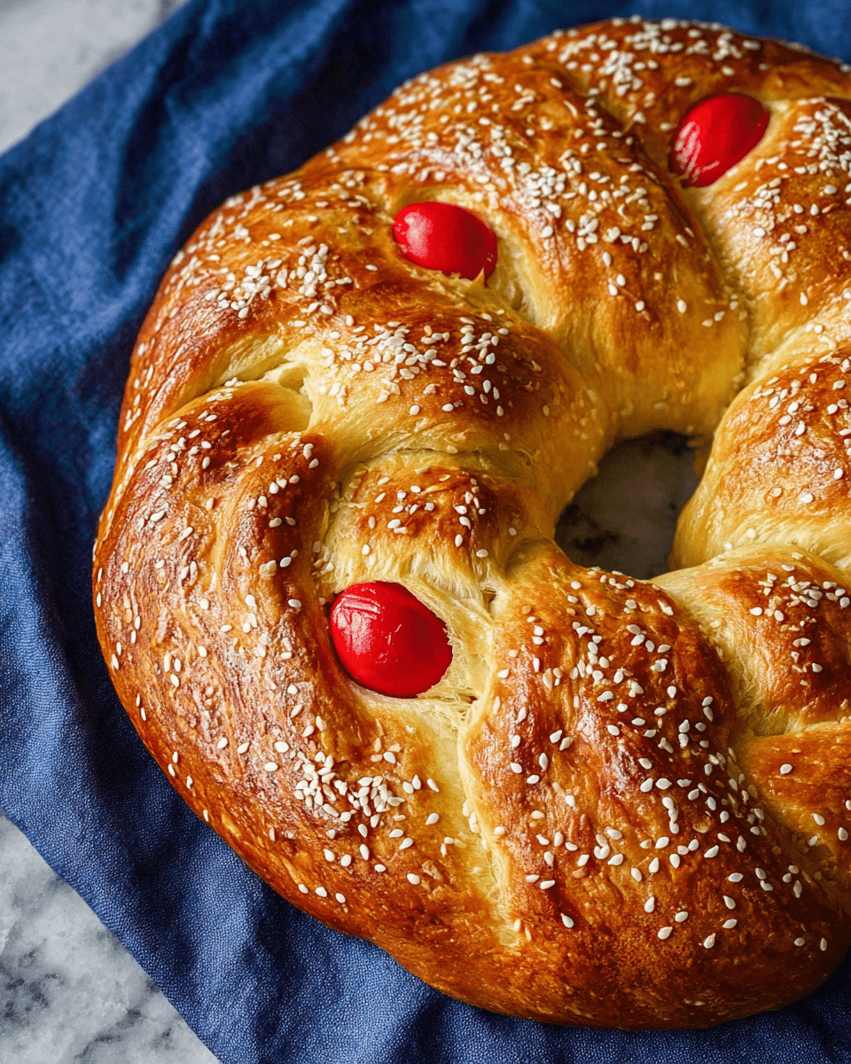 A round, golden-brown bread with a braided texture forms the main layer, topped with scattered white sesame seeds. The bread has three bright red dyed eggs partially embedded in it at evenly spaced points around the ring, showing contrast with the warm tones of the bread. It rests on a deep blue cloth, which adds a rich background color against the white marbled texture below. Nearby, there are three plain brown eggs and some small white flowers with green stems, adding natural and soft elements to the scene. photo taken with an iphone --ar 4:5 --v 7