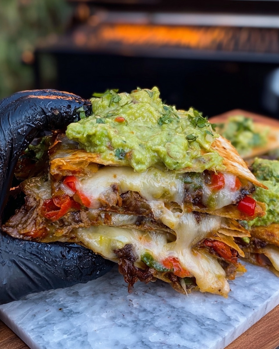 A close-up of a taco held by a woman's hand wearing a black glove, showing three main layers: the bottom layer is a soft, lightly toasted tortilla with char marks, the middle layer is melted, gooey cheese mixed with cooked green and red peppers and browned meat, and the top layer is a thick, chunky green guacamole spread with visible bits of avocado and chopped herbs. The taco is held over a wooden surface with more tacos in the background, and a BBQ grill is seen behind. photo taken with an iphone --ar 4:5 --v 7