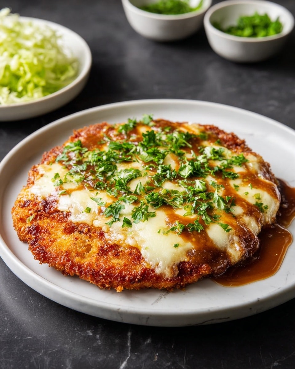 The image shows a close-up of a black plate with two large pieces of chicken parmesan. The chicken is golden brown and crispy on the outside, topped with a thick layer of melted white cheese that looks soft and gooey, with some areas browned and bubbly. There is a red tomato sauce layer beneath the cheese, visible on the edges and in between the cheese patches. Small green parsley pieces are sprinkled on top as garnish. The surface beneath the plate is a white marbled texture. Photo taken with an iphone --ar 4:5 --v 7