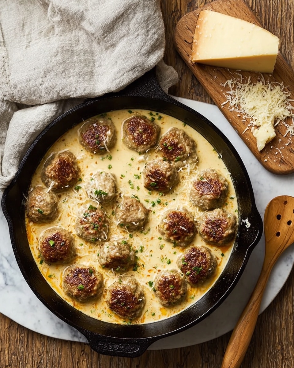 The image shows a black cast iron pan filled with creamy beige sauce and about fourteen brown, crispy meatballs scattered on top. The sauce has a smooth texture with some green herbs sprinkled over it, adding a touch of color. A wooden board with a chunk of light yellow cheese and some cheese flakes is placed next to the pan on a white marbled surface, along with a light gray cloth and a wooden spoon. The overall color tone is warm, with the meatballs and sauce contrasting nicely against the black pan and the white marbled background. Photo taken with an iphone --ar 4:5 --v 7