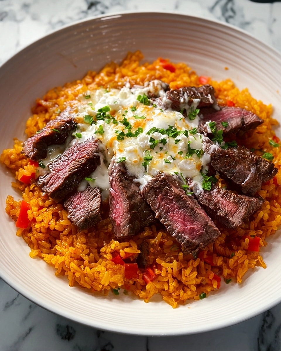 The image shows a dish on a white plate with a gray swirl pattern. The bottom layer is bright orange rice that looks soft and fluffy. On top, there are slices of grilled steak cooked medium rare, showing a reddish center and a dark brown crust. Melted cheese in white and light orange shades covers part of the steak pieces, with small green herb bits sprinkled over the cheese. The plate is on a surface with a white marbled texture. photo taken with an iphone --ar 4:5 --v 7