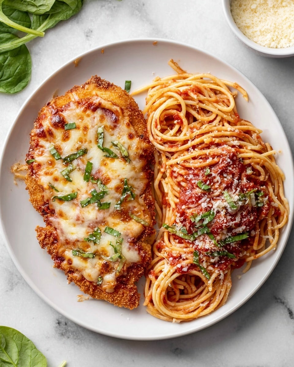 A white plate sits on a white marbled surface, holding chicken parmesan and spaghetti. On the left half of the plate is a crispy breaded chicken cutlet topped with a layer of deep red marinara sauce, covered by a thick layer of melted golden and creamy mozzarella cheese, sprinkled with small bits of fresh green basil leaves. On the right half, there is a neat heap of spaghetti coated in bright red marinara sauce, garnished lightly with small pieces of basil and a dusting of grated cheese. Photo taken with an iphone --ar 4:5 --v 7