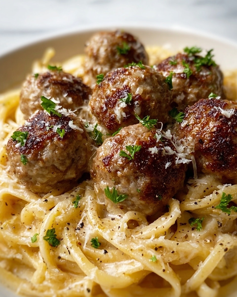 This close-up image shows a plate of creamy spaghetti with meatballs. The bottom layer is smooth, light yellow spaghetti coated in a rich creamy sauce. On top, there are six browned meatballs with a slight crispy texture, covered partly in melted cheese that glistens. Small green parsley pieces are sprinkled over the dish, adding a fresh touch. The food is on a white plate with a white marbled surface in the background. photo taken with an iphone --ar 4:5 --v 7