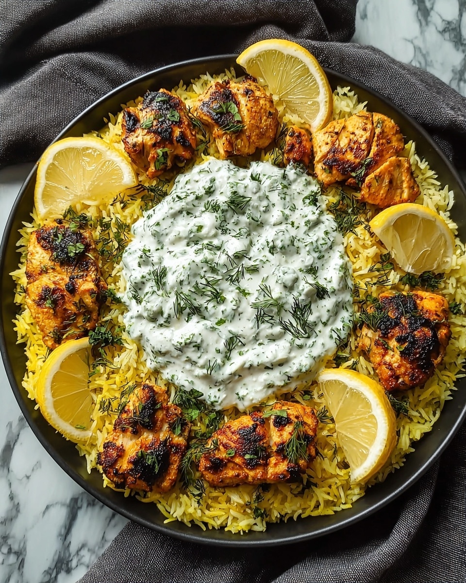 A white bowl filled with three main layers: at the bottom is a generous layer of yellow rice with a fluffy texture, scattered with fresh green herbs and thin slices of lemon, giving a bright contrast. On top of the rice are pieces of grilled chicken with a golden-brown, slightly charred surface, arranged evenly around the bowl. In the very center is a dollop of creamy white sauce with green herb specks, giving a smooth and thick texture. Lime slices add extra color on the sides, and the bowl sits on a white marbled surface. photo taken with an iphone --ar 4:5 --v 7
