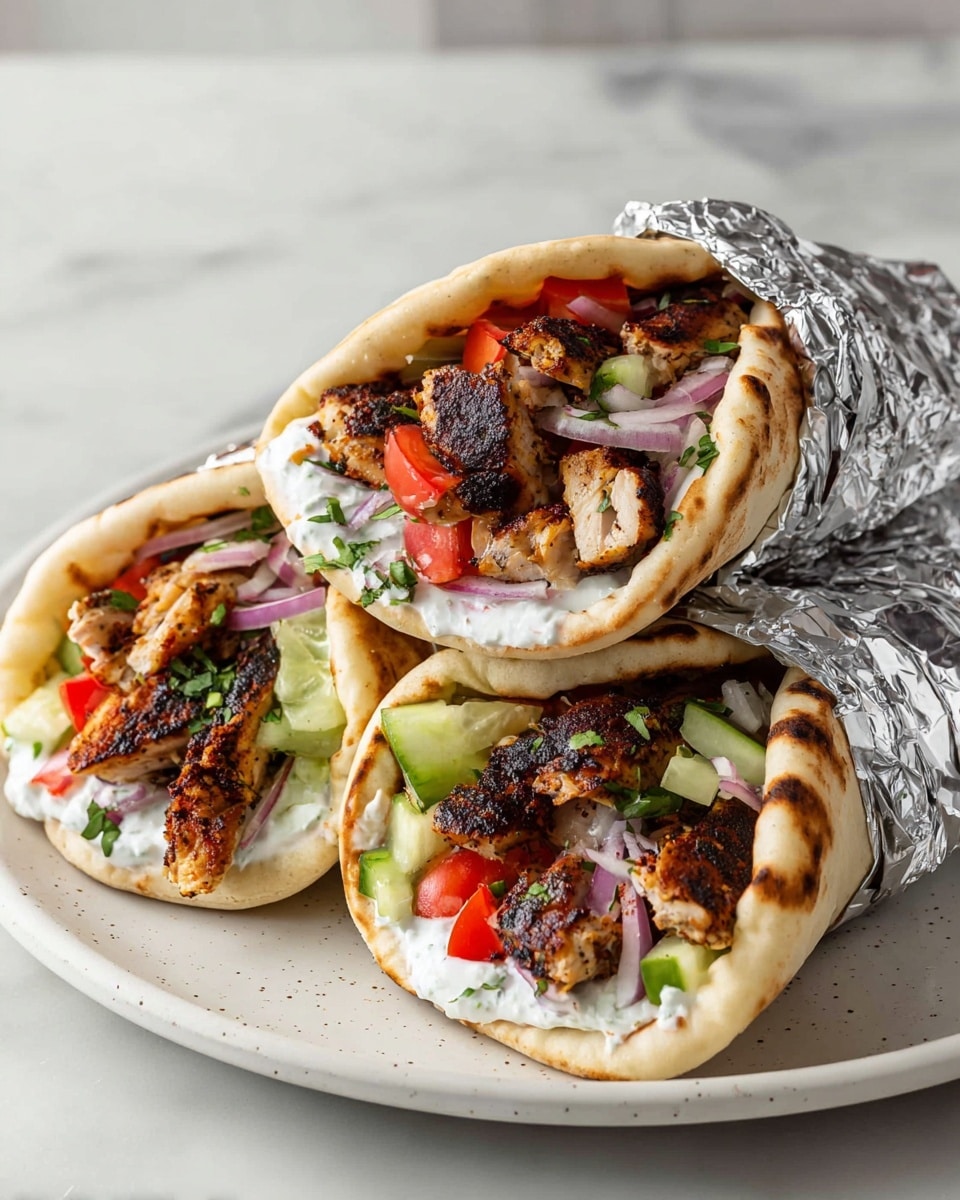 A close-up of a pita wrap held by a woman's hand, wrapped at the bottom with crinkled silver foil. The wrap shows several layers: soft light tan pita bread on the outside, loaded with grilled chicken pieces that have a crispy golden-brown and slightly charred texture in the middle. Mixed with the chicken are fresh diced vegetables including bright green cucumbers, red tomatoes, and thin slices of purple onions. The filling is topped with white creamy sauce peeking through the edges. The background is a white marbled texture with a tiled wall pattern. photo taken with an iphone --ar 4:5 --v 7