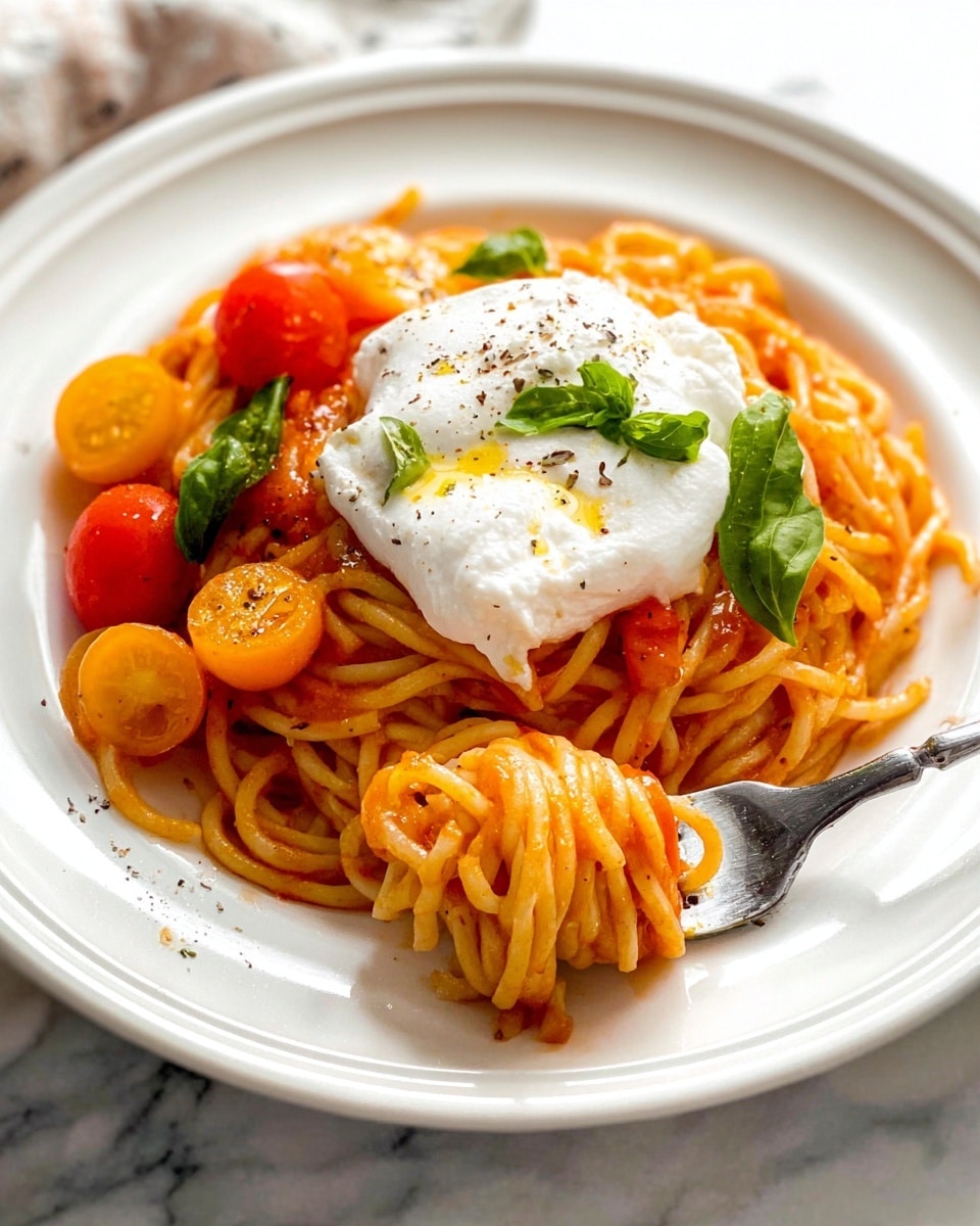 The image shows a white pan with two blue handles filled with a pasta dish. The base layer is long spaghetti noodles mixed with a bright red tomato sauce containing small pieces of cooked chopped tomatoes and fresh basil leaves spread throughout. On top of the noodles is a large, round, creamy white burrata cheese with a smooth texture, slightly gooey in the center. The cheese is garnished with a small pile of diced tomatoes and a single basil leaf. The pan is placed on a white marbled surface next to some loose cherry tomatoes and a bulb of garlic, with a striped cloth partially visible. Photo taken with an iphone --ar 4:5 --v 7