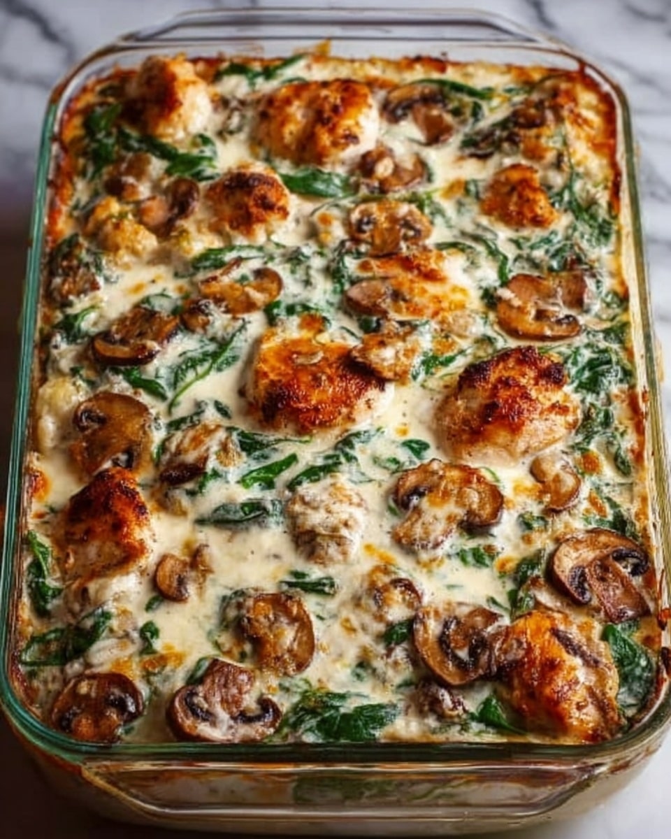 The image shows a clear glass baking dish filled with a baked casserole. The top layer has golden-brown chicken pieces, browned mushrooms, and green spinach leaves spread evenly. Underneath, creamy white sauce mixed with cooked pasta is visible, creating a smooth texture below the toppings. The dish sits on a white marbled surface, and the light highlights the rich colors and textures of the food. photo taken with an iphone --ar 4:5 --v 7