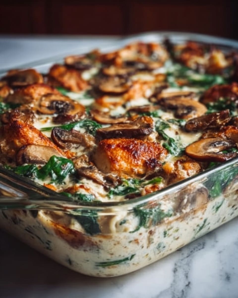 A glass baking dish filled with a creamy baked casserole showing multiple layers; the bottom layer is a white creamy sauce with green spinach leaves mixed in, topped with browned chicken pieces that have a golden-pink color, and scattered cooked brown mushrooms. The top surface has melted cheese that is slightly brown and bubbly, adding texture and richness. The casserole looks warm and well-cooked, sitting on a white marbled surface. photo taken with an iphone --ar 4:5 --v 7