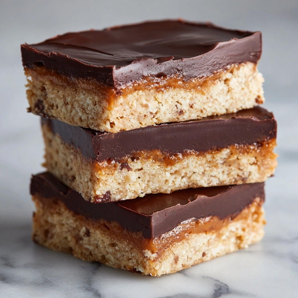 The image shows a close-up of three stacked dessert bars with two visible layers each. The bottom layer is thick, light tan, and has a smooth but slightly crumbly texture resembling a peanut butter base. The top layer is a thinner, shiny, dark brown chocolate coating with a smooth and glossy finish that gently ripples on the surface. The bars are stacked vertically on a white marbled surface with some blurred tan elements in the background. photo taken with an iphone --ar 4:5 --v 7