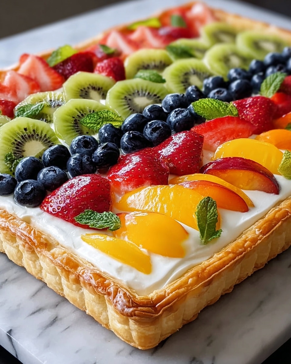 A rectangular puff pastry tart with a thick, golden-brown crust forms the base layer, topped with a smooth, white cream layer covering the entire surface inside the crust. On top, there are neat horizontal layers of fresh fruit: bright orange peach slices, green kiwi rounds, deep blue blueberries dusted lightly with powdered sugar, red halved strawberries, and red raspberries arranged in rows. Small green mint leaves are placed as garnish between some fruit layers. The tart is on a white square plate, which sits on a white marbled texture. Photo taken with an iphone --ar 4:5 --v 7