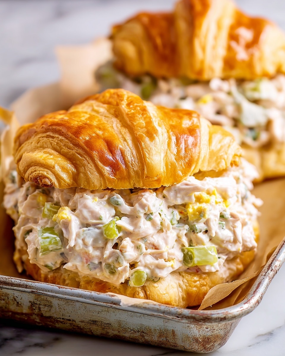 The image shows two chicken salad sandwiches placed closely together in a metal tray lined with light brown parchment paper. Each sandwich has a golden-brown, flaky croissant split into two layers; the top layer is puffy and textured while the bottom is slightly flatter. Between the croissant halves is a thick layer of creamy chicken salad, with visible chunks of white chicken, pale yellow egg bits, finely diced celery, and a smooth, mayonnaise-like dressing mixed with black pepper specks. The sandwiches sit on a wooden surface, and there is a blurred red drink in the background, all set against a white marbled texture. photo taken with an iphone --ar 4:5 --v 7