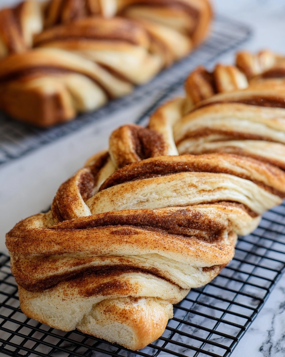 The image shows a close-up of a piece of cinnamon roll with two visible layers: a light beige outer dough layer with a soft, fluffy texture and a thin dark brown swirl of cinnamon sugar inside. Behind it, there is a white plate filled with more sliced cinnamon rolls arranged in a curved line, each showing the spiraled layers. The rolls have a slightly dusted look on top, adding texture. The background is a white marbled surface with some cinnamon sticks blurred in the distance. Photo taken with an iphone --ar 4:5 --v 7