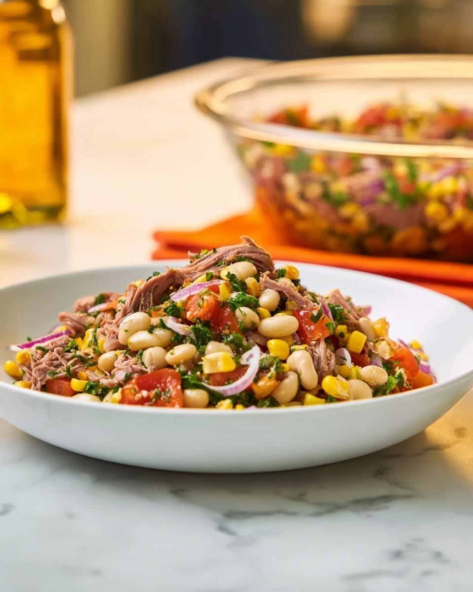 The dish is a colorful bean salad served in a white bowl. The salad is piled in the center, showing layers of white beans, yellow beans, bright red tomato pieces, and bits of green herbs. There are also slices of pinkish meat mixed in, which add texture and color contrast. The salad looks fresh with glistening surfaces, suggesting a light dressing. The background includes a large bowl with more salad and out-of-focus kitchen items on a white marbled surface. Photo taken with an iphone --ar 4:5 --v 7
