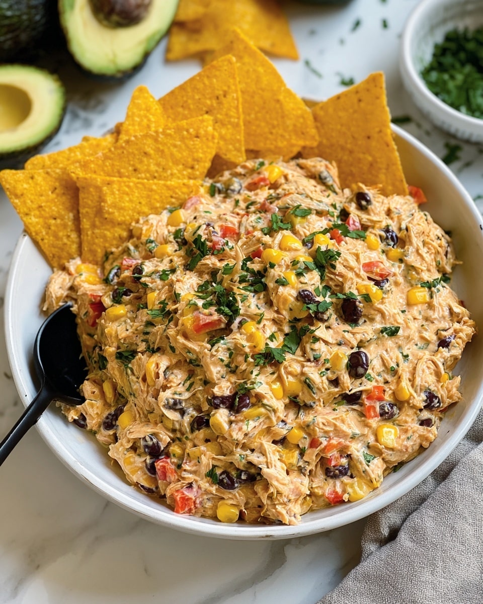 A white bowl filled with a creamy mixture made of shredded chicken, black beans, corn, and red bell peppers, all coated in a light orange sauce and topped with fresh green cilantro pieces. On one side of the bowl, several yellowish-orange triangular tortilla chips are placed standing up, partially sticking out from the mixture. A black serving spoon rests inside the bowl on the left side, touching the creamy mixture. The bowl sits on a white marbled surface, with half of an avocado and a small white bowl of chopped cilantro visible slightly blurred in the background. Photo taken with an iphone --ar 4:5 --v 7