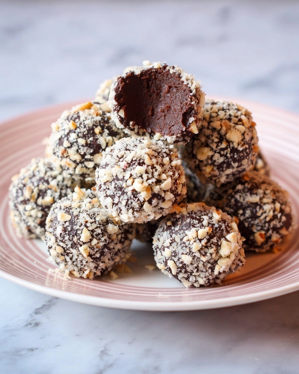 A white plate with pink stripes is filled with round chocolate balls covered in small white and tan nut pieces. The chocolate balls have a dark brown, smooth inside texture, visible as one ball is bitten in half and placed on top. The nuts give the balls a rough, crumbly outer layer, contrasting with the soft, dense chocolate inside. The plate rests on a white marbled surface. photo taken with an iphone --ar 4:5 --v 7