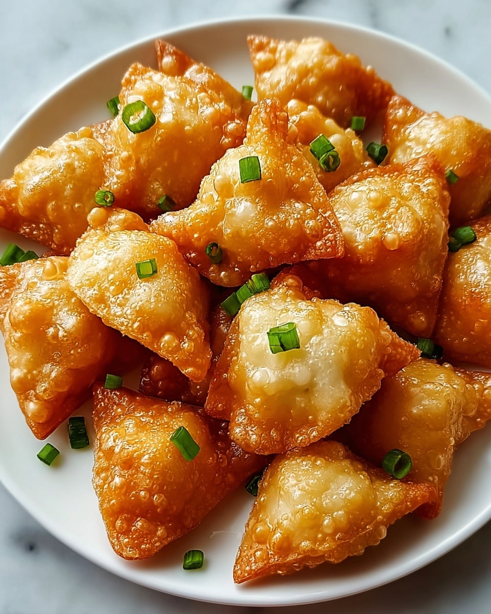 A close-up of a white plate filled with small, golden-brown fried dumplings that have a shiny, crispy outside with small bubble-like textures. One dumpling is cut open in the center of the plate, showing a white and soft inside with a slightly chewy texture. Bright green small pieces of chives are scattered on top and around the dumplings on the plate. The plate sits on a white marbled surface. photo taken with an iphone --ar 4:5 --v 7