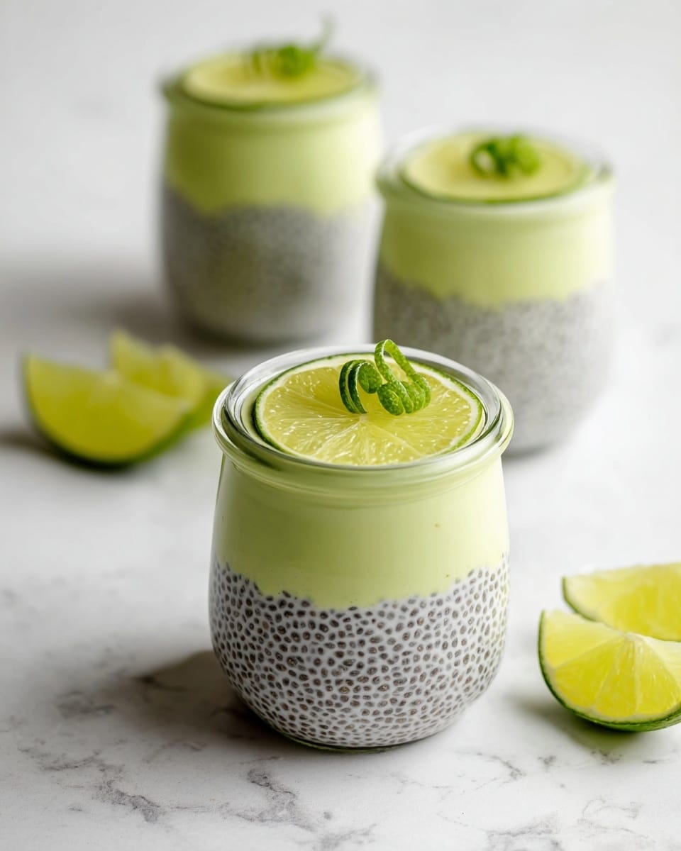 Two small clear glass jars sit on a round white marble board with a white marbled surface in the background. Each jar has two layers: the bottom layer is filled with creamy white pudding mixed with tiny black chia seeds, giving it a speckled look, while the top layer is smooth and pale yellow, like a custard or cream. A thin round slice of lime with a small spiral of lime peel decorated on top rests on the yellow layer in each jar. A small ornate silver spoon is placed inside each jar, sticking out at an angle. In front of the jars, there are two lime wedges placed on the white marble board. The photo is taken with an iphone --ar 4:5 --v 7