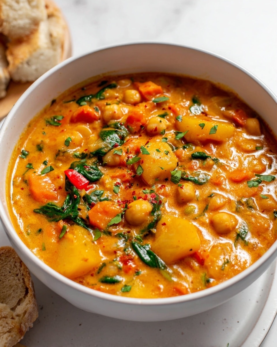 A white bowl filled with thick orange stew with visible chunks of yellow potatoes, orange carrots, chickpeas, and green spinach leaves mixed throughout. The stew is creamy and glossy, with small bits of red peppers and fresh green herbs sprinkled on top. The bowl sits on a white marbled textured surface with two pieces of crusty bread partly visible in the background. photo taken with an iphone --ar 4:5 --v 7