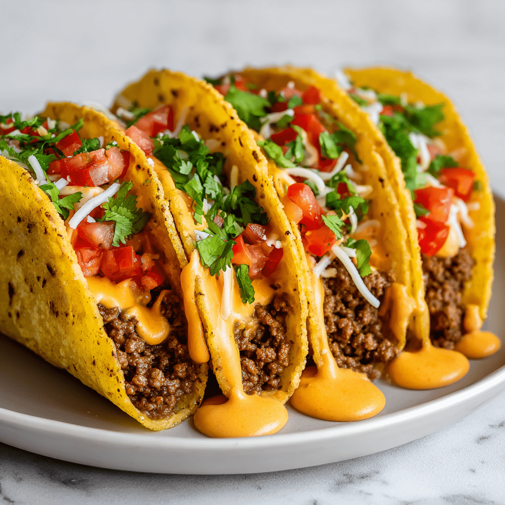 A close-up of six crunchy golden-yellow taco shells standing upright in a row on a wooden surface, each filled with layers of browned ground beef at the base, topped with a mix of melted white and orange shredded cheese, small bright red diced tomatoes, and sprinkled with fresh green chopped herbs, with a creamy orange sauce pooling at the bottom of each taco and dripping slightly onto the board, all set against a white marbled texture background, photo taken with an iphone --ar 4:5 --v 7