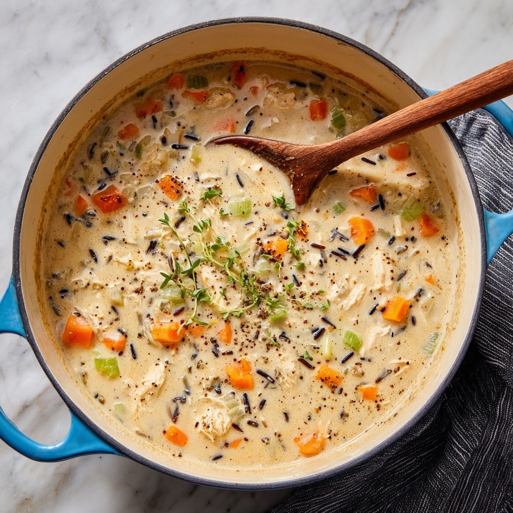 A thick creamy soup with visible layers of diced orange carrots, green celery, small white chunks that look like chicken, and black rice grains mixed throughout. The soup is light beige in color with a slightly glossy texture, topped with small green sprigs of fresh herbs and black pepper. It is inside a large round white pot with a blue handle, and a wooden spoon with a rounded bowl is resting inside the soup on the right side. The pot is set on a white marbled textured surface with a dark striped cloth partially visible on the right side. photo taken with an iphone --ar 4:5 --v 7