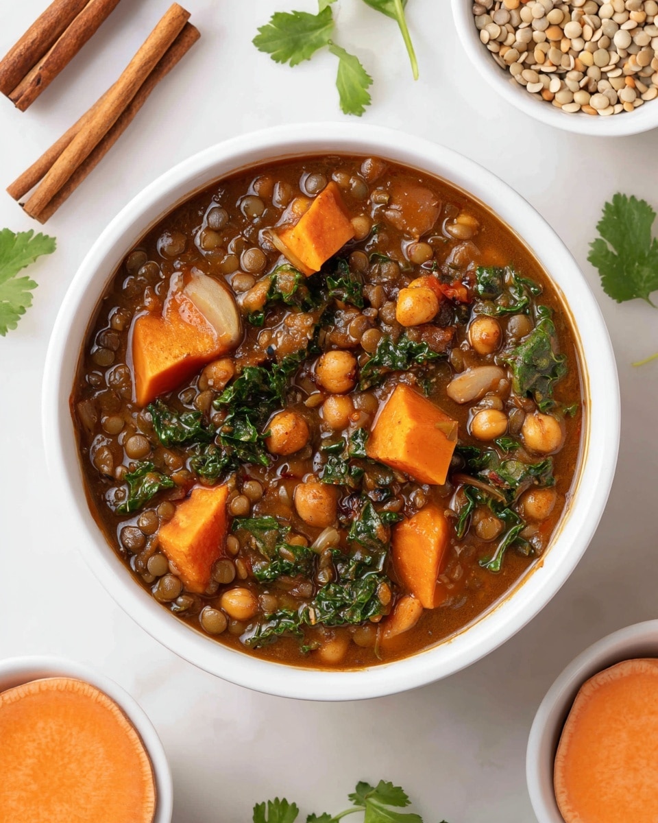 A close-up view of a large white pot filled with thick lentil stew featuring several layers of ingredients: the top layer shows chopped bright orange sweet potatoes, deep green kale leaves, and translucent cooked onion pieces set in a rich brown broth with visible lentils and chickpeas scattered throughout, creating a hearty, textured appearance. Surrounding the pot on a white marbled surface are small white bowls containing whole cinnamon sticks, fresh green herbs, dry lentils, and sliced sweet potatoes, adding rustic and fresh accents to the scene. Photo taken with an iphone --ar 4:5 --v 7