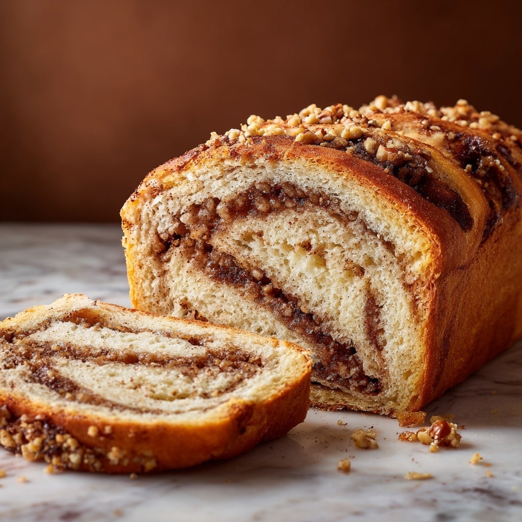 A loaf of twisted cinnamon bread with a shiny, deep brown crust, showing two main braids on top covered with a crumbly, golden-brown streusel. The inside reveals three main layers of soft, light beige bread with dark brown cinnamon filling spiraled evenly between them. Small streusel crumbs are scattered around the base of the bread on a white marbled surface. photo taken with an iphone --ar 4:5 --v 7