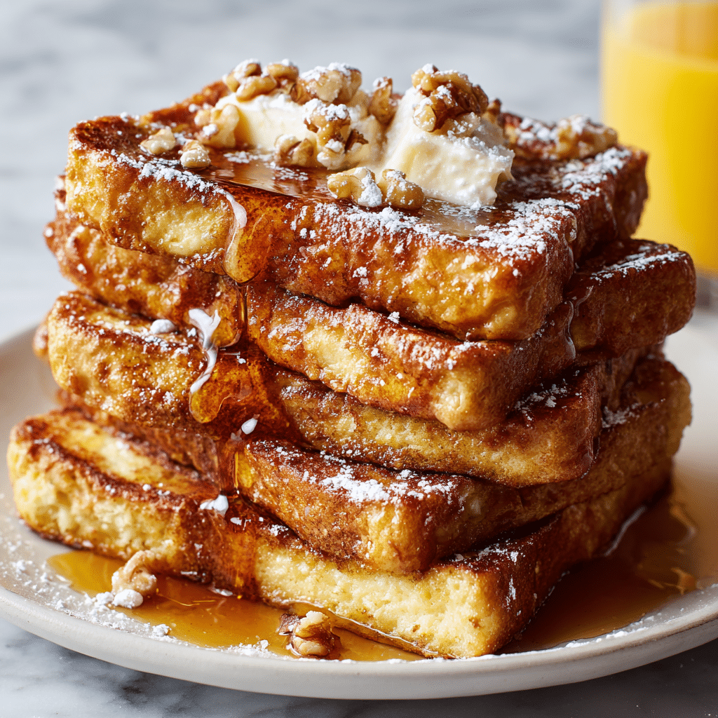 A stack of three thick, golden-brown French toast squares is placed on a white plate with powdered sugar dusted lightly on top and around the edges. The top slice is drizzled generously with a creamy, light beige sauce that also flows down the sides and pools slightly on the plate. On the very top, small chunks of translucent, caramelized toppings add texture and shine. The background shows a blurred white bowl with a spoon and a bottle with a yellow label, all set on a white marbled surface. photo taken with an iphone --ar 4:5 --v 7