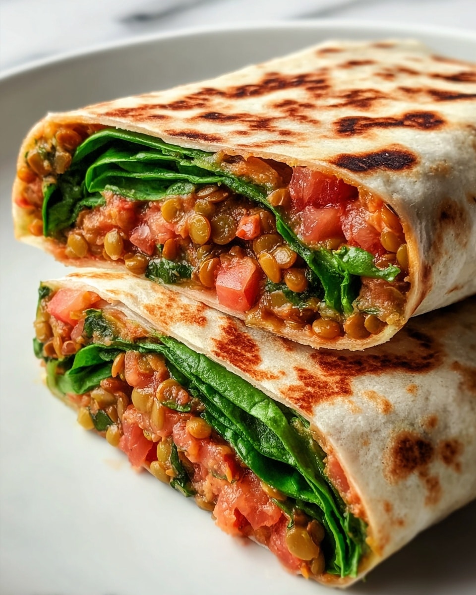 Two rolled wraps lie side by side on a white plate, placed on a white marbled surface, each showing three visible layers inside: the outer thin, warm golden-beige flatbread with dark brown spots from cooking, a middle layer of fresh green leafy spinach, and an inner layer of cooked reddish-orange lentils mixed with small beige lentils, all packed tightly within the wrap. photo taken with an iphone --ar 4:5 --v 7