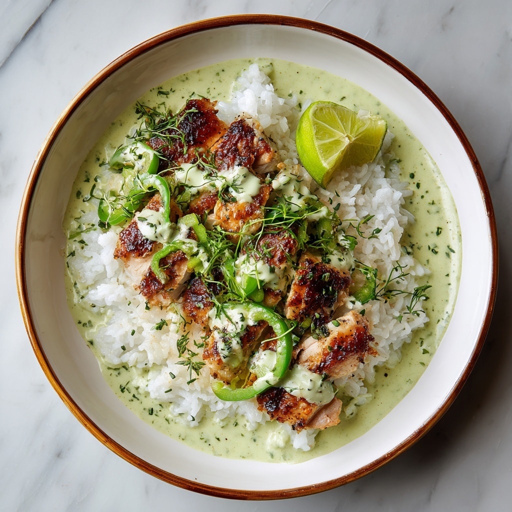 The dish is served in a white bowl with a thin brown rim, placed on a white marbled surface. It has three main layers: the bottom layer is white rice with a light puffed texture, the middle layer consists of grilled chicken pieces that are light golden brown with some char marks, and the top layer is creamy green sauce drizzled generously, containing visible slices of green bell pepper and sprinkled with chopped fresh green herbs. A quarter of a lime is positioned on the side of the bowl, adding a touch of bright green color. photo taken with an iphone --ar 4:5 --v 7