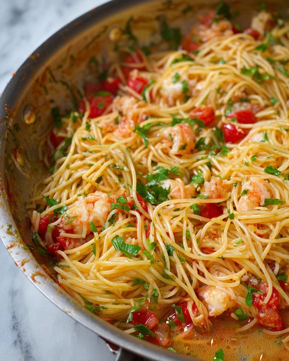 A close-up view of a pasta dish in a silver pan, featuring several layers: thin yellow spaghetti noodles as the main layer, mixed with small chunks of light pink seafood, likely shrimp, and juicy red tomato pieces scattered throughout. Green parsley leaves are sprinkled across the dish, adding color contrast. The sauce visible at the bottom has a slightly oily texture with a reddish hue, coating the noodles lightly. The pan edges show some food residue, giving a fresh-cooked impression. The background has a white marbled texture. photo taken with an iphone --ar 4:5 --v 7