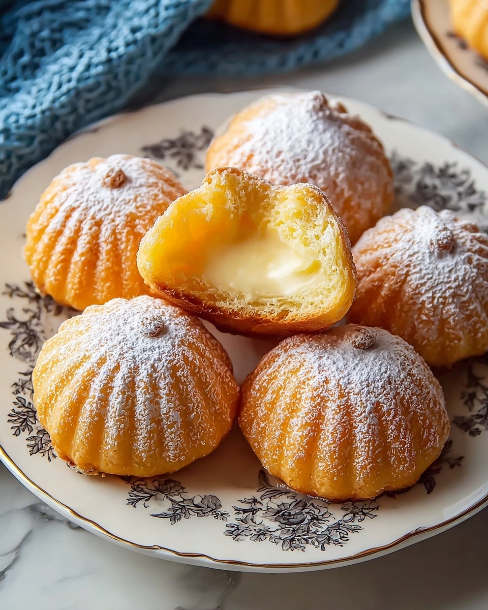 A white plate with soft golden brown cream-filled pastries shaped like small pumpkins, each dusted with white powdered sugar that highlights their ribbed texture; one pastry is cut open on top of the stack, showing a smooth, creamy pale yellow filling inside with a light, fluffy outer crust. The plate sits on a white marbled surface with a textured blue cloth nearby. Photo taken with an iphone --ar 4:5 --v 7