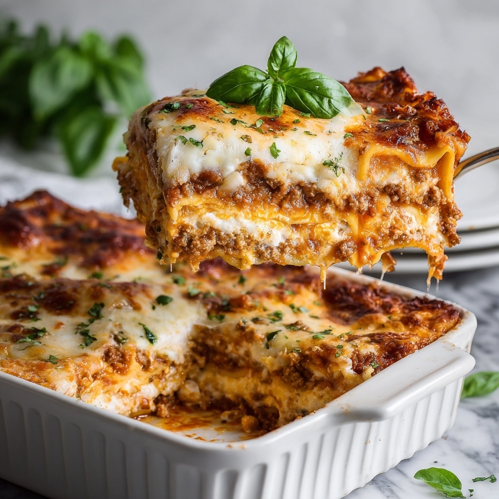 A thick square piece of lasagna sits on a white plate with a detailed raised pattern. The lasagna has about five layers, starting with a bottom layer of pale yellow pasta, followed by a crumbly brown meat sauce mixed with creamy white cheese, then another pasta layer, more meat and cheese filling, topped with a golden brown melted cheese crust with some darker crispy spots and sprinkled with grated cheese. A fresh green basil leaf rests on top as garnish. A fork with a bite of the lasagna rests on the edge of the plate. In the background, there is a small white bowl with fresh green basil leaves on a white marbled surface and a wooden board with a spoon holding grated cheese. photo taken with an iphone --ar 4:5 --v 7
