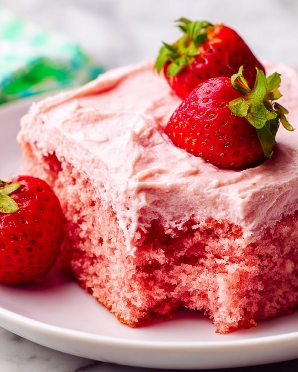 A close-up view of a single layer of pink strawberry cake with a thick, light pink creamy frosting spread on top, showing a moist and soft crumb texture. The cake is decorated with two fresh red strawberries, one lying on the white plate next to the cake, and another placed on the top layer of frosting. The plate is white, resting on a white marbled surface that is barely visible in the background. photo taken with an iphone --ar 4:5 --v 7