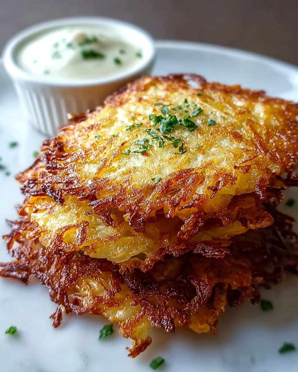 Three golden-brown potato pancakes are stacked on a white plate over a white marbled texture. Each pancake shows a crispy, uneven surface with a mix of light yellow and deeper golden tones. Small bits of grated potato are visible in the texture. On top of the stack, there is a sprinkle of finely chopped green herbs adding a touch of color contrast. The pancakes look freshly cooked with a slight shine from oil. photo taken with an iphone --ar 4:5 --v 7