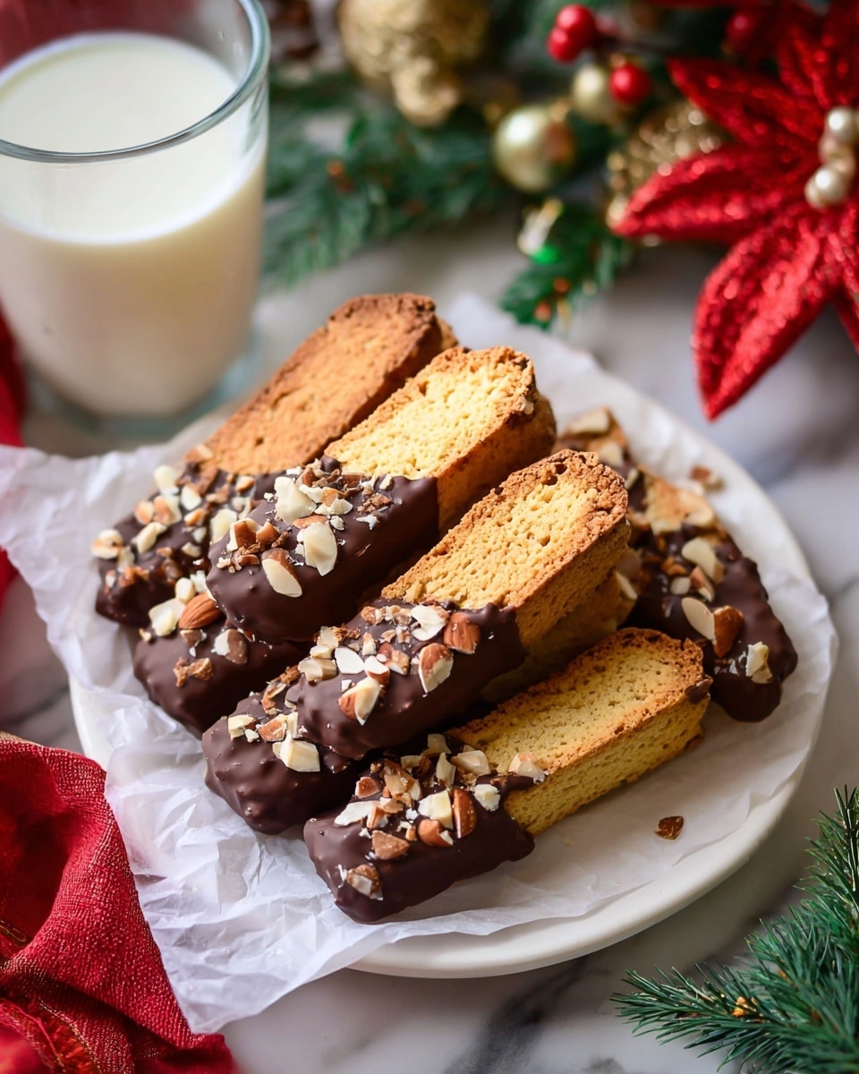 The image shows several long biscotti cookies arranged closely on a white plate covered with white parchment paper. Each biscuit is partially dipped in dark chocolate and topped with chopped nuts, giving the dipped ends a rough texture with off-white and brown nut pieces scattered unevenly. The upper parts of the biscotti are golden brown with a crisp, slightly cracked surface. Behind the plate, there is a clear glass filled with creamy white milk, and some green and red holiday-themed plants add a festive touch. The entire setup is placed on a white marbled surface. photo taken with an iphone --ar 4:5 --v 7