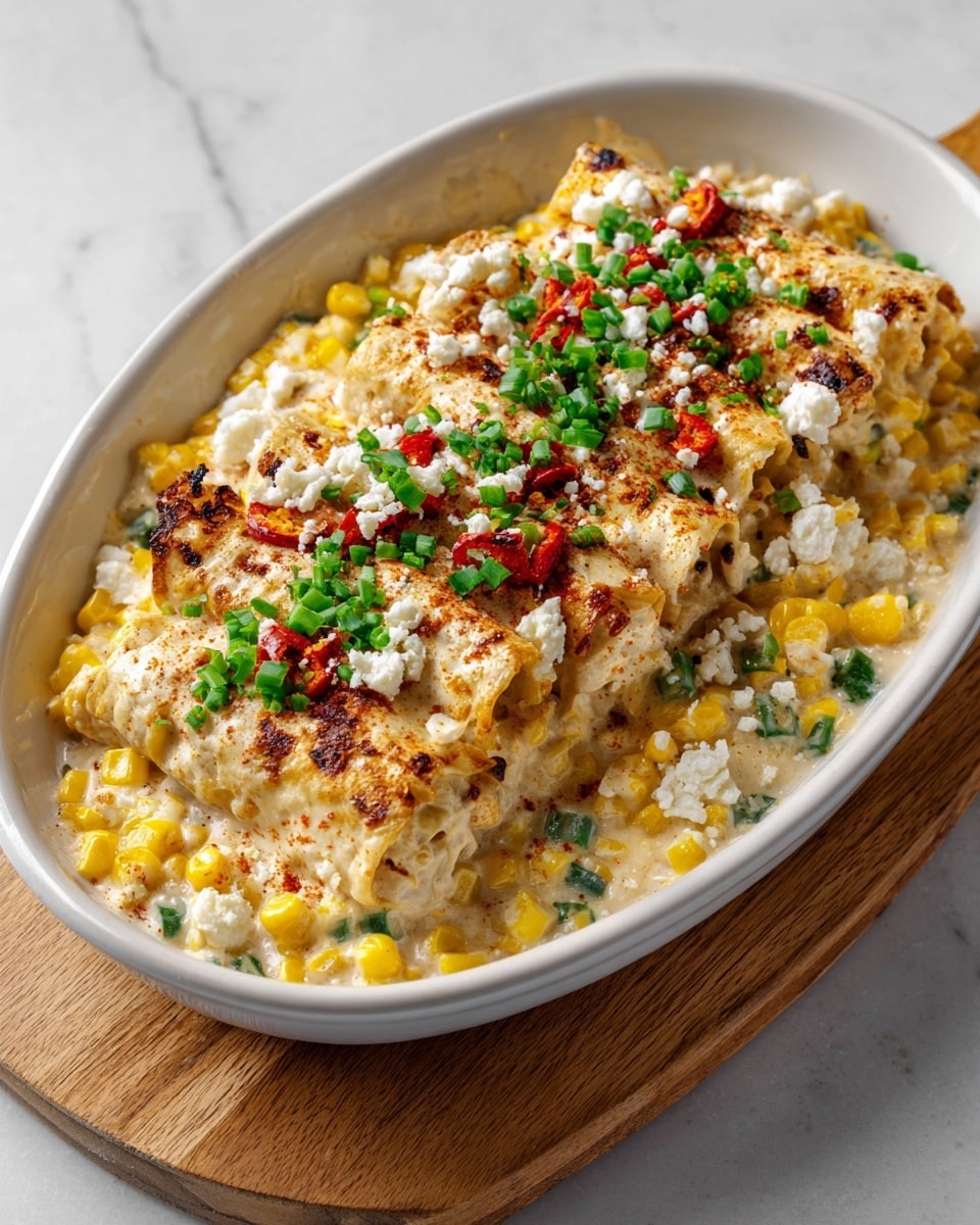 This dish is presented in a white oval bowl on a wooden board over a white marbled surface. The bottom layer consists of yellow corn kernels mixed with creamy white sauce and small green herb pieces. On top are golden-brown grilled rolled tortillas or enchiladas filled with a creamy mixture, arranged in a single layer covering the base. The top of the rolled pieces is sprinkled with crumbled white cheese, bright green chopped green onions, and small bits of red chili pepper, adding vibrant color contrasts. The dish looks warm, creamy, and textured with the grilled spots and fresh garnishes. Photo taken with an iphone --ar 4:5 --v 7