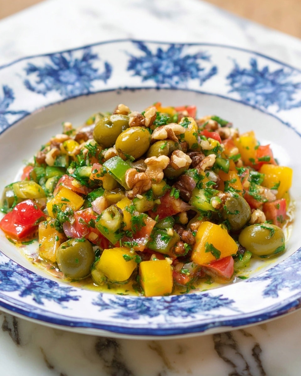 The dish is a colorful salad served in a white plate with blue floral patterns around the rim. It has one main layer of mixed ingredients including green olives, chopped yellow bell peppers, diced red tomatoes, small pieces of walnuts, and finely chopped green herbs. The ingredients look fresh and lightly coated with a dressing, giving them a slight shine. The plate is placed on a white marbled surface. Photo taken with an iphone --ar 4:5 --v 7