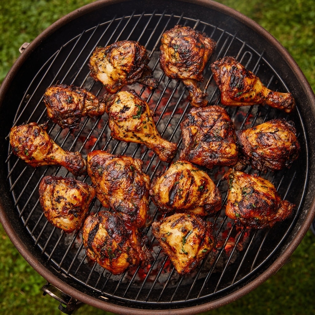 On a round charcoal grill with an open lid, there are about sixteen pieces of grilled chicken, including drumsticks and thighs, arranged across the grill grates. The chicken pieces are golden brown with dark grill marks and some areas slightly charred, showing a textured, crispy skin. The grill grates are blackened with heat marks and glowing red coals can be seen underneath, adding a warm, smoky feel to the image. The background shows green grass blurred out, while the top of the grill lid is a brownish metal in a worn condition. photo taken with an iphone --ar 4:5 --v 7