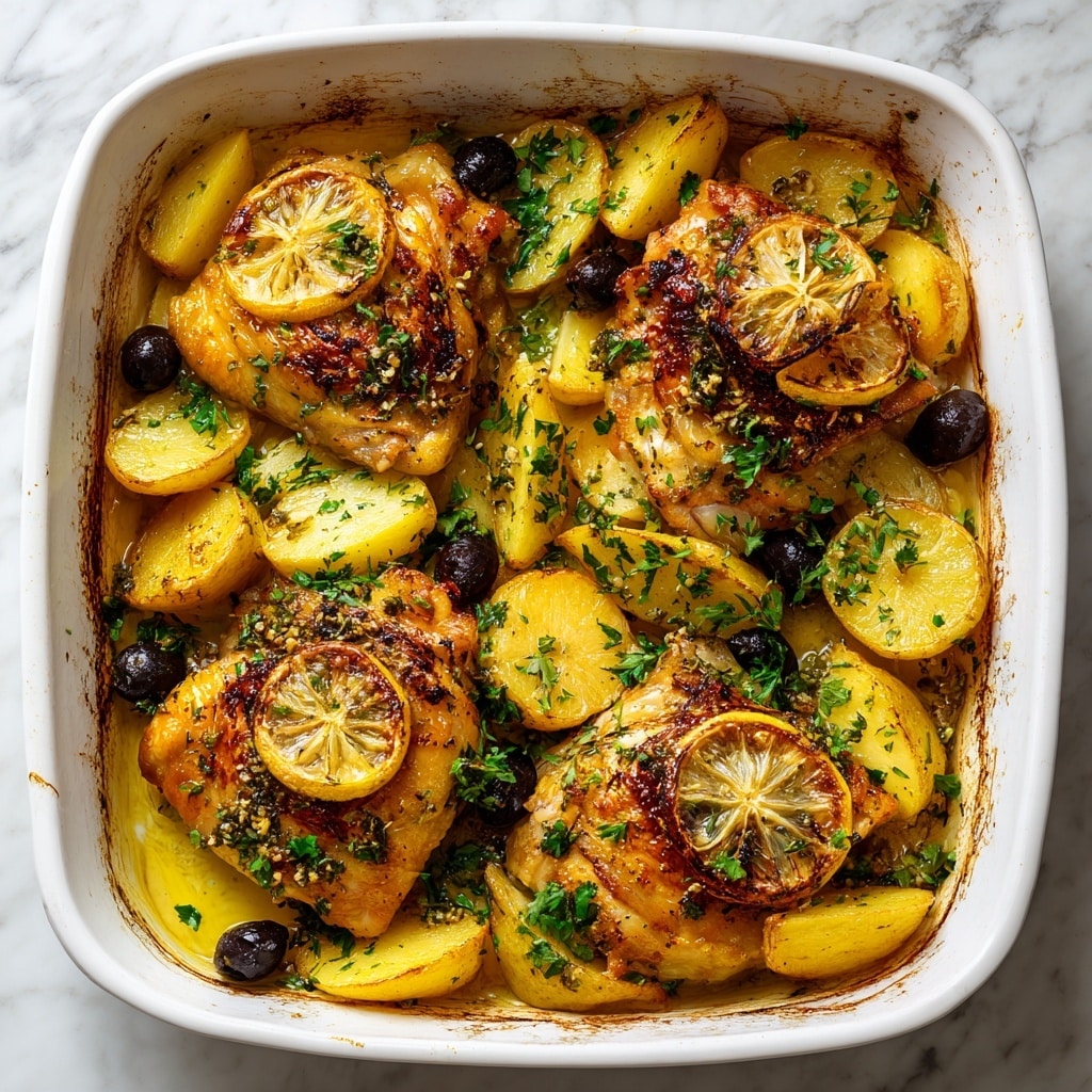 A white baking dish filled with four large golden-brown roasted chicken thighs as the top layer, each topped with a slightly charred lemon slice and sprinkled with herbs. Beneath and around the chicken, there are thick yellow potato wedges with browned edges, soaking in a light golden oil and herb mixture. Scattered throughout the dish are black olives and fresh green parsley leaves, adding spots of dark and bright green color. The edges of the dish show some cooked-on browning marks from roasting. The background is a white marbled surface. Photo taken with an iphone --ar 4:5 --v 7