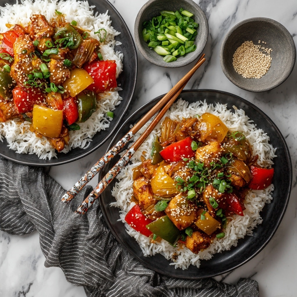 A black slow cooker filled with a colorful dish showing three main layers of ingredients: large chunks of red, yellow, and green bell peppers, white onion pieces, and light brown cooked chicken pieces, all mixed in a shiny reddish-brown sauce. Small green sliced scallions and white sesame seeds scatter over the top. Nearby, there are two small white bowls holding sesame seeds and chopped green scallions, a wooden board with whole red bell peppers, a garlic bulb, and an onion, along with a black plate holding a pair of wooden chopsticks with red and white floral patterns on the handle. Part of a gray and white striped cloth is seen on a white marbled surface. Photo taken with an iphone --ar 4:5 --v 7