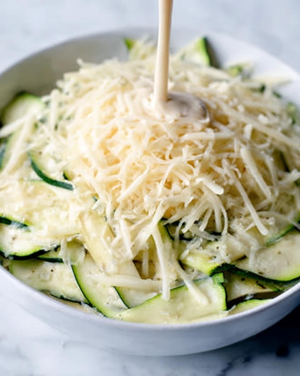 A close-up view of a white bowl filled with thinly sliced green zucchini arranged in a loose pile. On top, there is a generous layer of grated pale yellow cheese, covering the zucchini unevenly. A thin stream of creamy sauce is being poured over the cheese from above, adding a glossy texture. The background shows a white marbled surface. photo taken with an iphone --ar 4:5 --v 7