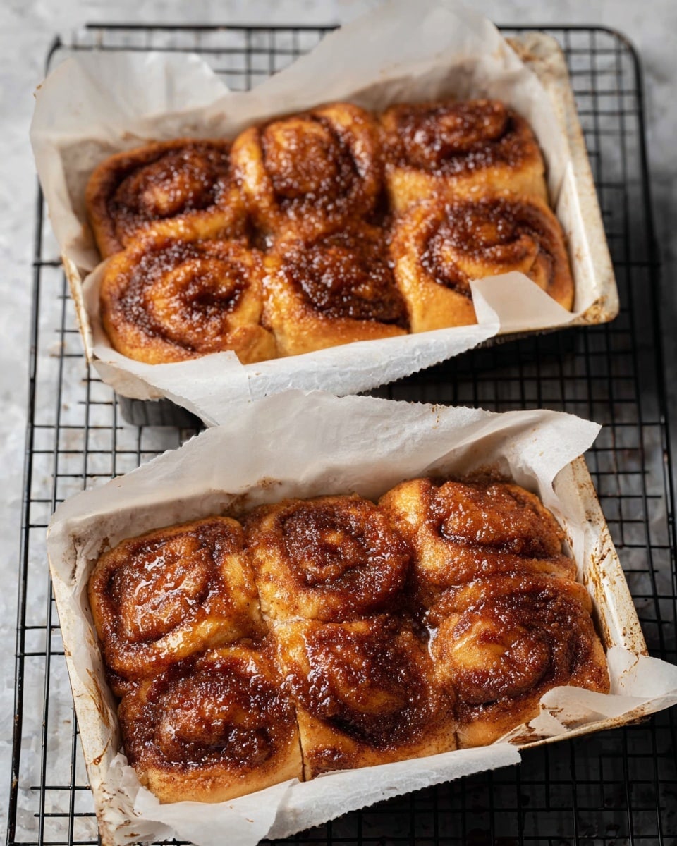 A close-up of soft, fluffy cinnamon rolls with a thick, dark brown cinnamon sugar glaze coating the top and seeping into the creases, placed on white parchment paper that has spots of cinnamon syrup stains all over. The cinnamon rolls have a light, airy inside texture showing where a piece is torn off, contrasting with the rich, sticky glaze on top. The parchment paper edges curve around the rolls, which rest on a black cooling rack against a white marbled texture background. photo taken with an iphone --ar 4:5 --v 7