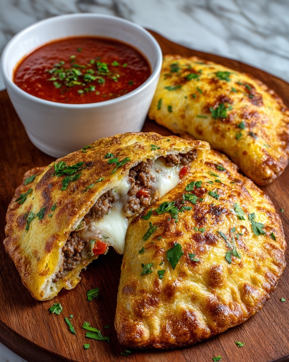 Three golden-brown, crispy calzones with a slightly bubbly and toasted crust sprinkled with chopped green herbs are placed on a wooden board. One calzone is cut open, showing a rich filling of melted creamy white cheese, cooked ground beef, and small pieces of red bell peppers inside. A white bowl filled with chunky red tomato sauce, garnished with green herbs, sits beside the calzones on the wooden board. The whole scene is set against a white marbled surface. photo taken with an iphone --ar 4:5 --v 7