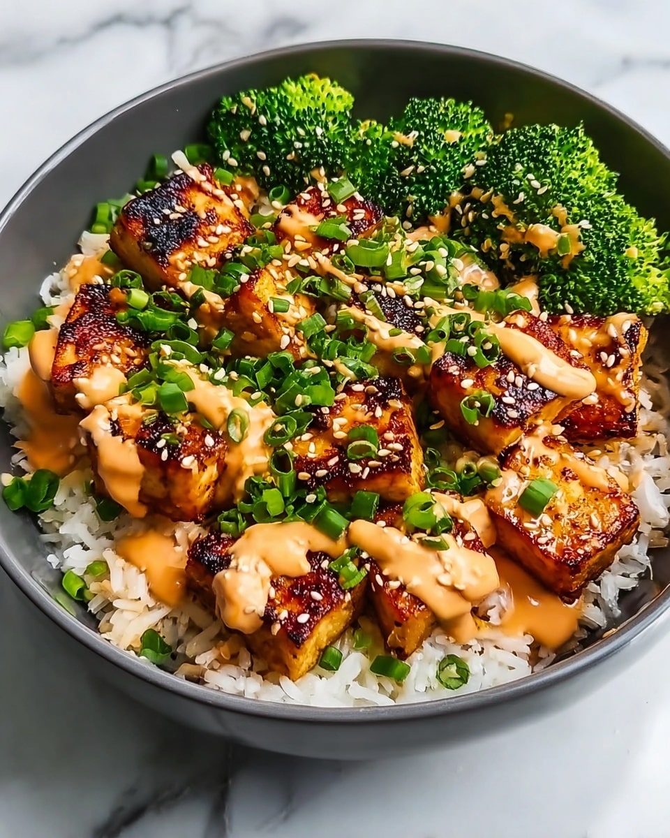 A bowl filled with three main layers: the bottom layer is soft, white rice with a slightly sticky texture; on top of the rice are bright green broccoli florets arranged on one side, while the other side has chunks of grilled chicken with a crispy, caramelized look and dark char spots. The dish is drizzled with an orange spicy sauce and a darker, glossy teriyaki-like sauce, sprinkled with white sesame seeds and finely chopped green onions. The bowl is white and placed on a white marbled surface. Photo taken with an iphone --ar 4:5 --v 7