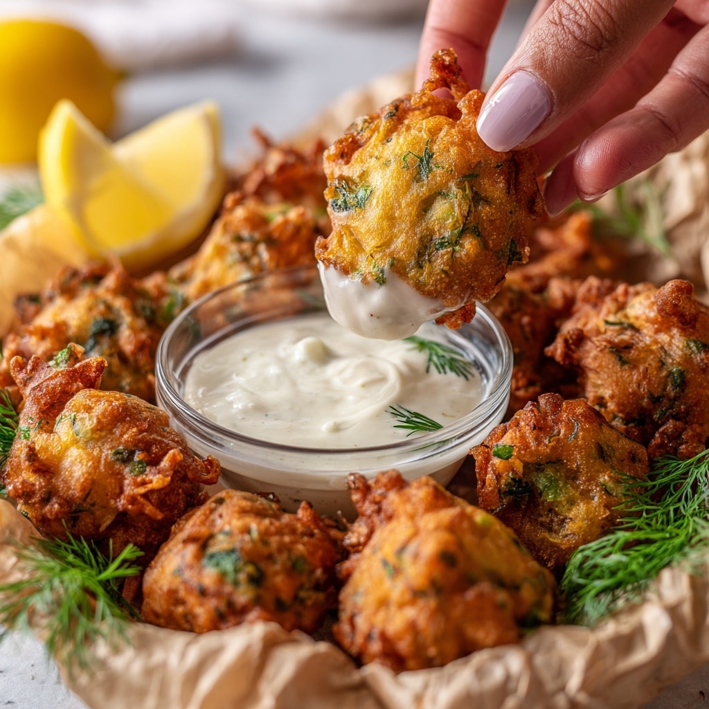 The image shows seven golden-brown fritters with a crispy, textured surface and uneven round shapes, arranged on brown paper. Near the top edge, there is a small white bowl filled with creamy white sauce that looks thick and smooth. To the right of the bowl, there is a yellow lemon half with visible juicy segments. Fresh green dill sprigs are placed near the top left and bottom right edges, adding a touch of color and freshness. The overall scene is set on a white marbled texture. Photo taken with an iphone --ar 4:5 --v 7