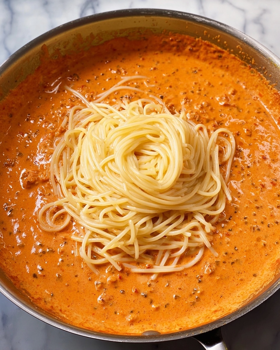 The image shows a stainless steel pan filled with a thick, creamy reddish-orange sauce that has visible specks of herbs and spices, giving it a textured appearance. On top of the sauce is a neat pile of smooth, pale yellow spaghetti noodles, lightly glistening as if just cooked, arranged in a loose mound in the center of the pan. The pan's edges have a slight coating of sauce, and the background features a white marbled texture. photo taken with an iphone --ar 4:5 --v 7