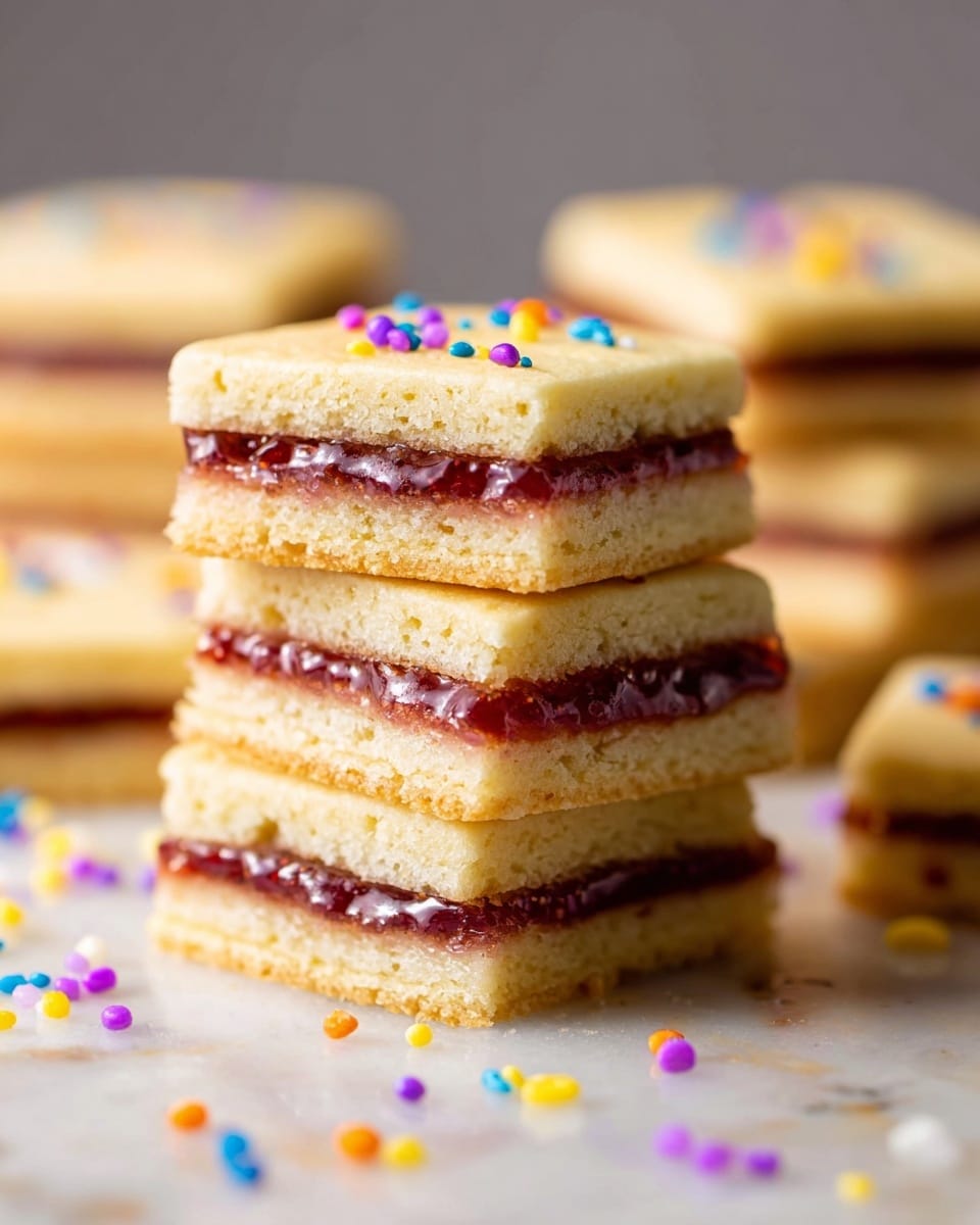 The image shows several rectangular cake slices laid out, each with three layers: a light golden-yellow cake base, a middle layer of red jam, and a top layer covered in smooth white icing sprinkled with colorful small candy sprinkles in shades of pink, yellow, purple, orange, blue, and red. One piece has a bite taken out, clearly showing the jam filling and soft cake texture inside. The slices rest on a white marbled surface, with sprinkles scattered around. Photo taken with an iphone --ar 4:5 --v 7